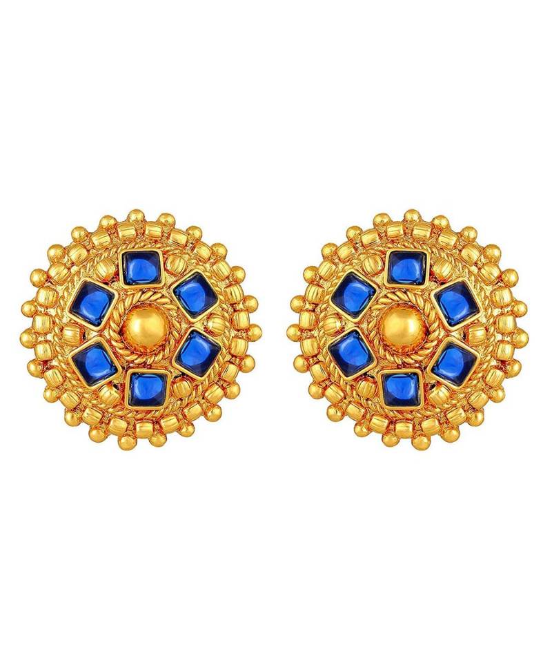 Golden Ball With Blue Stone Traditional Brass Necklace Jewellery Set With Earrings For Women Girls